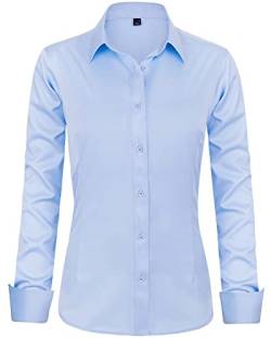 J.Ver Damen Kleid Hemden Langarm Button Down Shirts Faltenfreie Solide Arbeitsbluse, hellblau, Groß von J.VER