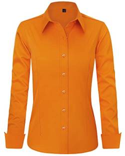 J.Ver Damen Kleid Shirts Langarm Knopfleiste Hemden Faltenfreie solide Arbeitsbluse, Orange/Abendrot im Zickzackmuster (Sunset Chevron), Klein von J.VER