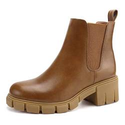 JABASIC Chelsea Boots für Damen Elastische Plateau-Stiefel zum Hineinschlüpfen (39,Braun) von JABASIC