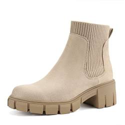 JABASIC klobige Stiefeletten Damen Schlupf auf Chelsea Stiefel elastisch Boots (36,Sand) von JABASIC