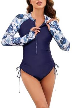 JACK SMITH Damen Badeanzug Einteilig Bedruckt Lang Rmelig Rashguard Shirts Surfen Badeanzug Marine/Blume S von JACK SMITH