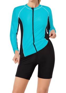 JACK SMITH Damen Lange Ärmel Badeanzug Kontrastfarbe Front Zip Split Badeanzug Schwarz Spleiß M von JACK SMITH