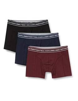 Herren Jack & Jones Set 3er Pack JACTEXT Trunks Boxershorts Stretch Unterhose Basic Unterwäsche, Farben:Schwarz-Bordeaux, Größe:M von JACK & JONES