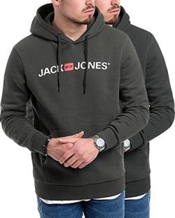 JACK & JONES Herren Hoodie Pullover mit Kapuze Sweatshirt Kapuzenpullover für Männer aus Baumwolle mit Logo/Auswahl an Designs und Farben (Doppelpack Hood 2 (840 Asphalt/054 Raven-Wh, L)) von JACK & JONES