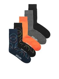JACK&JONES Herren JACLOGO Circle 5 Pack Socken, Black/Pack:Navy Blazer-Black-DGM-Vibrant Orange, One Size von JACK & JONES