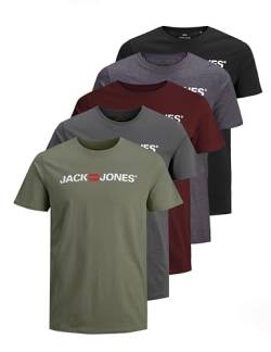 JACK & JONES Herren JJECORP Logo Tee SS Crew Neck 5er Pack Kurzarm T-Shirt, Pack A, Asphalt/Black/DGM/PortRoyale/DustyOlive, XL von JACK & JONES