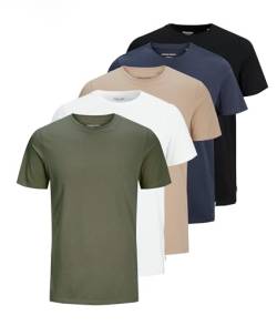 JACK & JONES Herren JJEORGANIC Basic Tee SS O-Neck 5PK T-Shirt, Kurzarm, White+Black+Navy Blazer+Dusty Olive+Crockery, XXXL von JACK & JONES