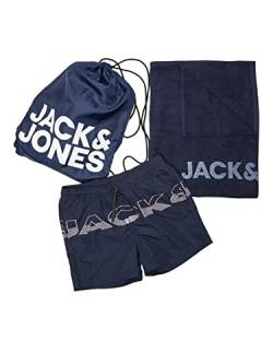 JACK & JONES Herren Set Bade-Hose - Sommer Beach Pack Badeshorts Tuch + Beutel, Farbe:Blau, Größe:S von JACK & JONES