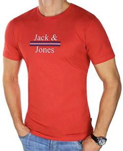 JACK & JONES Herren Sommer T-Shirt Jorart Marwa Tee Ss Crew Neck Rundhals Kurzarmshirt Baumwolle T-Shirt mit Logo-Print Männer Shirt Longshirt O-Neck (L, Rot (Fiery Red fit:Slim)) von JACK & JONES