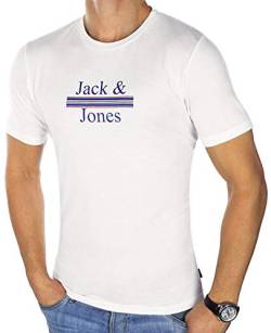 JACK & JONES Herren Sommer T-Shirt Jorart Marwa Tee Ss Crew Neck Rundhals Kurzarmshirt Baumwolle T-Shirt mit Logo-Print Männer Shirt Longshirt O-Neck (L, Weiß (Cloud Dancer fit:Slim)) von JACK & JONES