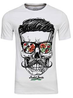 JACK & JONES Herren T-Shirt Festival Flower Support Tee Crew Neck Bart Skull Totenkopf Schädel Print Sonnenbrille,(White,XL) von JACK & JONES