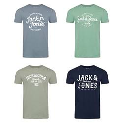 JACK & JONES JJLINO T-Shirt 4er Pack Rundhals Kurzarm Shirt Regular Fit Print Sommer 100% Baumwolle Schwarz Weiß Grün Rot Blau Grau L, Größe:L, Farbe:Pack 1 von JACK & JONES