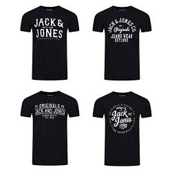 JACK & JONES JJLINO T-Shirt 4er Pack Rundhals Kurzarm Shirt Regular Fit Print Sommer 100% Baumwolle Schwarz Weiß Grün Rot Blau Grau L, Größe:L, Farbe:Pack 5 von JACK & JONES