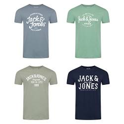 JACK & JONES JJLINO T-Shirt 4er Pack Rundhals Kurzarm Shirt Regular Fit Print Sommer 100% Baumwolle Schwarz Weiß Grün Rot Blau Grau M, Größe:M, Farbe:Pack 1 von JACK & JONES