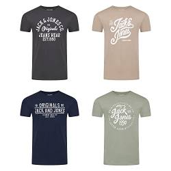 JACK & JONES JJLINO T-Shirt 4er Pack Rundhals Kurzarm Shirt Regular Fit Print Sommer 100% Baumwolle Schwarz Weiß Grün Rot Blau Grau S, Größe:S, Farbe:Pack 3 von JACK & JONES