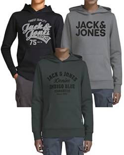 JACK & JONES Junior Kinder Hoodie 3er Set - Größe 128 bis 176 - Kapuzen-Pullover für Kids - Mehrfach-Pack mit Motiven und Farben (Jr 3er Hood Mix 2, 128)(Bar Bla 75/ Bar Slate/ 841 SED - 128) von JACK & JONES