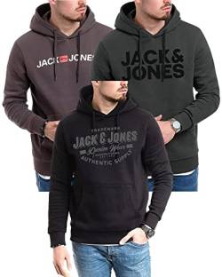 JACK & JONES Kapuzenpullover 3er Pack Hoodie Sweat Shirt Langarm Herren mit Druck - 3er Hood Mix 4 - XL (054 Raven-White / 840 Asphalt/Corvin Black - XL) von JACK & JONES