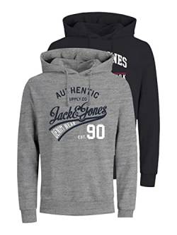 Jack & Jones Men's JJETHAN Sweat Hood 2PK MP NOOS Kapuzenpullover, Light Grey Melange/Pack:LGM+Black, L von JACK & JONES