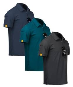 JACKETOWN 3er-Pack Poloshirt Herren Kurzarm Golf Polohemd Männer Schnelltrocknend Sports Sommer Polo Shirt Atmungsaktives Outdoor Brillenhalter Knopfleiste Tshirt(Dunkelgrau+Marineblau-2XL) von JACKETOWN