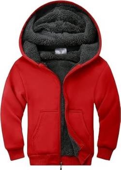 JACKETOWN Fleecejacken für Jungen Langarm mit Kapuze mit Reißverschluss Sportjacke Kinder, Rotes warmes Kinder-Sweatshirt mit Spiralmanschetten(Rot-S) von JACKETOWN