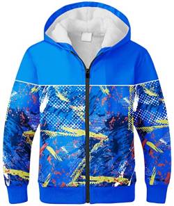 JACKETOWN Kinder Fleecejacke Jungen Bedrucktes Sweatshirt Warme Kinder Kapuzenpullover mit Reißverschluss Langarm Kapuzenjacke mit Kapuze Kinder(Blau-S) von JACKETOWN