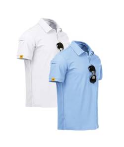 JACKETOWN Poloshirt Herren Kurzarm 2er-Pack Golf Polohemd Männer Schnelltrocknend Casual Sports Sommer T-Shirts Atmungsaktives Outdoor Brillenhalter Knopfleiste Poloshirt(Weiß+Mondblau-2XL) von JACKETOWN