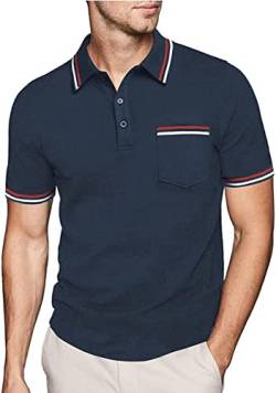 JACKETOWN Poloshirt Herren Kurzarm Regular Polohemd Männer Schnelltrocknend Casual Sport Shirt Outdoor Tshirts Mit Brillenhalter Knopfleiste Atmungsaktives Poloshirts(2412-Navy-2XL) von JACKETOWN