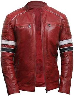 Herren Lederjacke Rot Schwarz Weiß Streifen | Racing Biker Style Lederjacke, Echtes Leder, Rot, XS von JACKETZONE