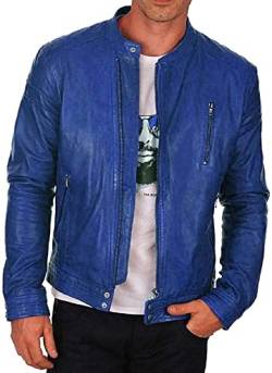 JACKETZONE Blaue Lederjacke | Herren echtes Lammleder Slim Fit Biker Motorradjacke für Herren, Echtleder – blaue Lederjacke, XXXL von JACKETZONE