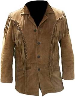 JACKETZONE Winter Western Herren Cowboy Fransen Lederjacke | Fransen Perlen Wildleder Mantel, Braun – Wildlederjacke, XXXXL von JACKETZONE