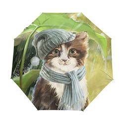 Regenschirm mit niedlichem Katzen-Motiv und Lotusblatt-Regen, automatisch, faltbar, winddicht von JACKLEE