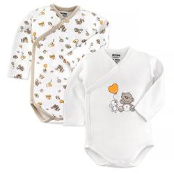 Jacky Baby Body 2er Pack Bär - Langarmbody Set aus 100% Baumwolle (ÖkoTex geprüft, maschinenwaschbar) - weiche Wickelbodys mit Druckknöpfen - Weiß Beige - 62/68 von JACKY Baby-Mini-Basic