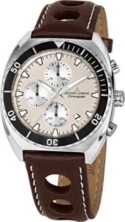 JACQUES LEMANS Herrenuhr Serie 200 Lederarmband massiv Edelstahl Chronograph 1-2041D von JACQUES LEMANS