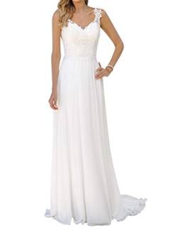 Brautkleid Lang Damen Hochzeitskleider Strand Spitze Chiffon V-Ausschnitt A Linie Elfenbein EUR46 von JAEDEN