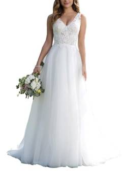 JAEDEN Brautkleid A-Linie Spitze Hochzeitskleider Lang Damen Brautmode V-Ausschnitt Tüll Standesamtkleid Weiß 32 von JAEDEN