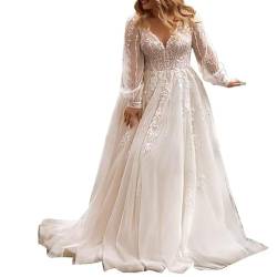 JAEDEN Brautkleid Große Größen mit Ärmel Damen Spitze Hochzeitskleider V-Ausschnitt Boho Brautkleider Standesamt Elfenbein 56 von JAEDEN