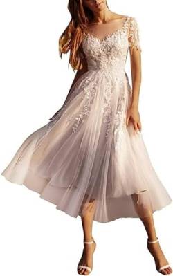 JAEDEN Brautkleid Hochzeitskleider Damen Kurz Abendkleider Tüll Spitzen Standesamtliche für Damen Kurzarm Weiß 40 von JAEDEN