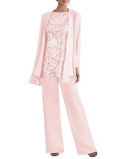 JAEDEN Brautmutter Anzug 3tlg - Chiffon Mutter Der Braut Hosenanzug mit Jacke Hochzeitsgast Hosen Set Rosa 50 von JAEDEN