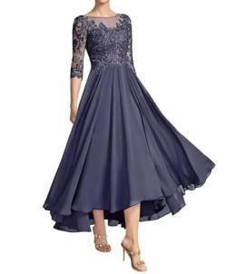 JAEDEN Brautmutterkleid Vokuhila Chiffon Abendkleider für Hochzeit 3/4 Ärmel Hochzeit Gast Kleider Stürmisches Blau 52 von JAEDEN