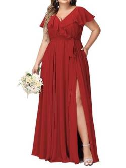 JAEDEN Damen Abendkleider Lang Elegant Brautjungfernkleid Große Größen Hochzeit Festliche Kleid Kurze Ärmel Rot 48 von JAEDEN