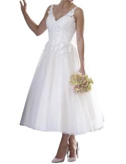 JAEDEN Damen Kurz Brautkleid Vintage Standesamt Hochzeitskleid A-Linie Spitze Brautkleider Ärmellos Weiß 56 von JAEDEN
