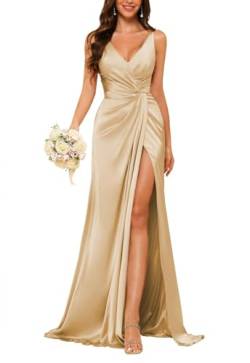 JAEDEN Damen V-Ausschnitt Brautjungfernkleider Satin Lang Abendkleider mit Schlitz Ärmellos Cocktailkleid Elegant für Hochzeit Champagner 38 von JAEDEN