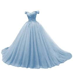 JAEDEN Quinceanera Kleider Prinzessin Lang Tüll A-Linie Ballkleider Abiballkleider Cinderella Abschluss Kleid Schulterfrei Hellblau 38 von JAEDEN