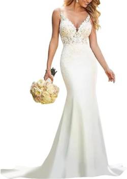 JAEDEN Spitzen Brautkleid Meerjungfrau Hochzeitskleider V-Ausschnitt Standesamt Kleid Rückenfrei Elfenbein 38 von JAEDEN