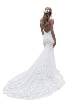 JAEDEN Spitzen Brautkleid Spaghettiträger Meerjungfrau Hochzeitskleid V Ausschnitt Boho Brautkleider mit Schleppe Weiß 36 von JAEDEN