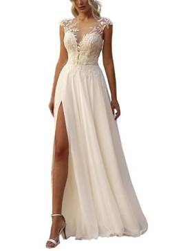 JAEDEN Vintage Brautkleider Damen Lang Boho Hochzeitskleider Strand Hochzeit Trauung Kleider Spitzen Brautkleid mit Schlitz Elfenbein 32 von JAEDEN