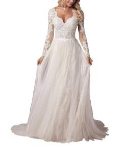 Langarm Brautkleid Tüll Spitze Hochzeitskleider V Ausschnitt Boho Standesamtkleid A-Linie Brautmode Elfenbein EU38 von JAEDEN