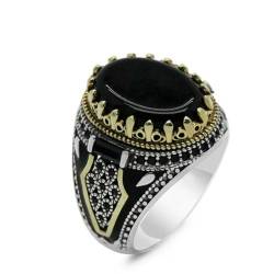 JAMNIK Herren Retro handgemachter großer türkisfarbener Steinring Punk Doppelschwerter schwarz-weißer Zirkonsteinring religiöser Schmuck von JAMNIK