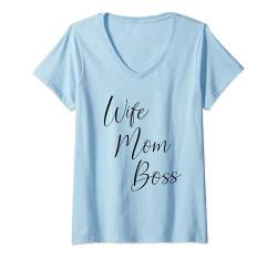 Damen Spruch - Wife Mom Boss - für starke sexy Frauen – Sommer T-Shirt mit V-Ausschnitt von JANEYO – Sommer