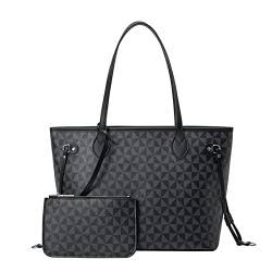 JANZORE Umhängetasche Damen Handtasche Groß Handbags Tote Bag Elegante Leder Taschen Mit Brieftasche Fashion 2 Pcs Set (Schwarz) von JANZORE